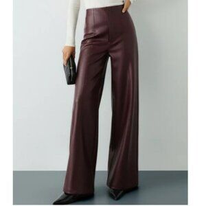 High-Waist PU Leather Wide-Leg Pants - Burgundy
